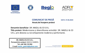 DR. MAZILU & CO SRL – Anunț de începere proiect: Modernizarea și diversificarea activității DR. MAZILU & CO S.R.L. prin dotarea cu noi echipamente moderne și performante