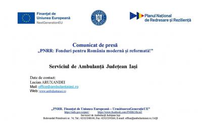 PNRR: Serviciul de Ambulanță Județean Iași a depus proiectul ”Realizarea sistemului de eHealth și telemedicină Investiția specifică: I3.2 - Digitalizarea instituțiilor cu atribuții în domeniul sanitar aflate în subordinea MS” 