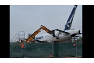 Imagini dureroase cu sfârșitul Airbus-ului A318 ”Traian Vuia” de la TAROM: tăiat și trimis la fiare vechi