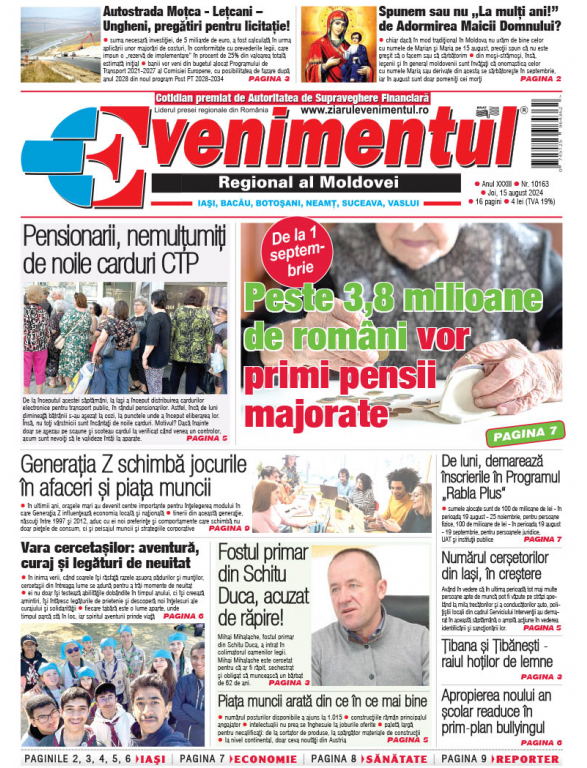 Prima pagină | Evenimentul, 15 august 2024