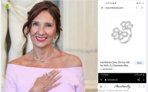 Imaginea lui Carmen Iohannis, folosită pentru promovarea unui magazin de bijuterii. Prima doamnă apare cu un inel și un colier cu diamante purtate la o ceremonie din Germania