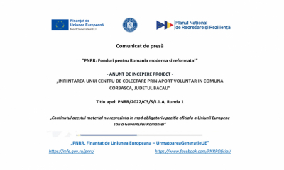 PNRR: anunt de incepere proiect – Infiintarea unui centru de colectare prin aport voluntar in comuna CORBASCA, JUDETUL BACAU