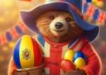 Celebrul ursuleţ Paddington, cu ouă vopsite în roşu, galben şi albastru, pentru a marca Paştele Ortodox